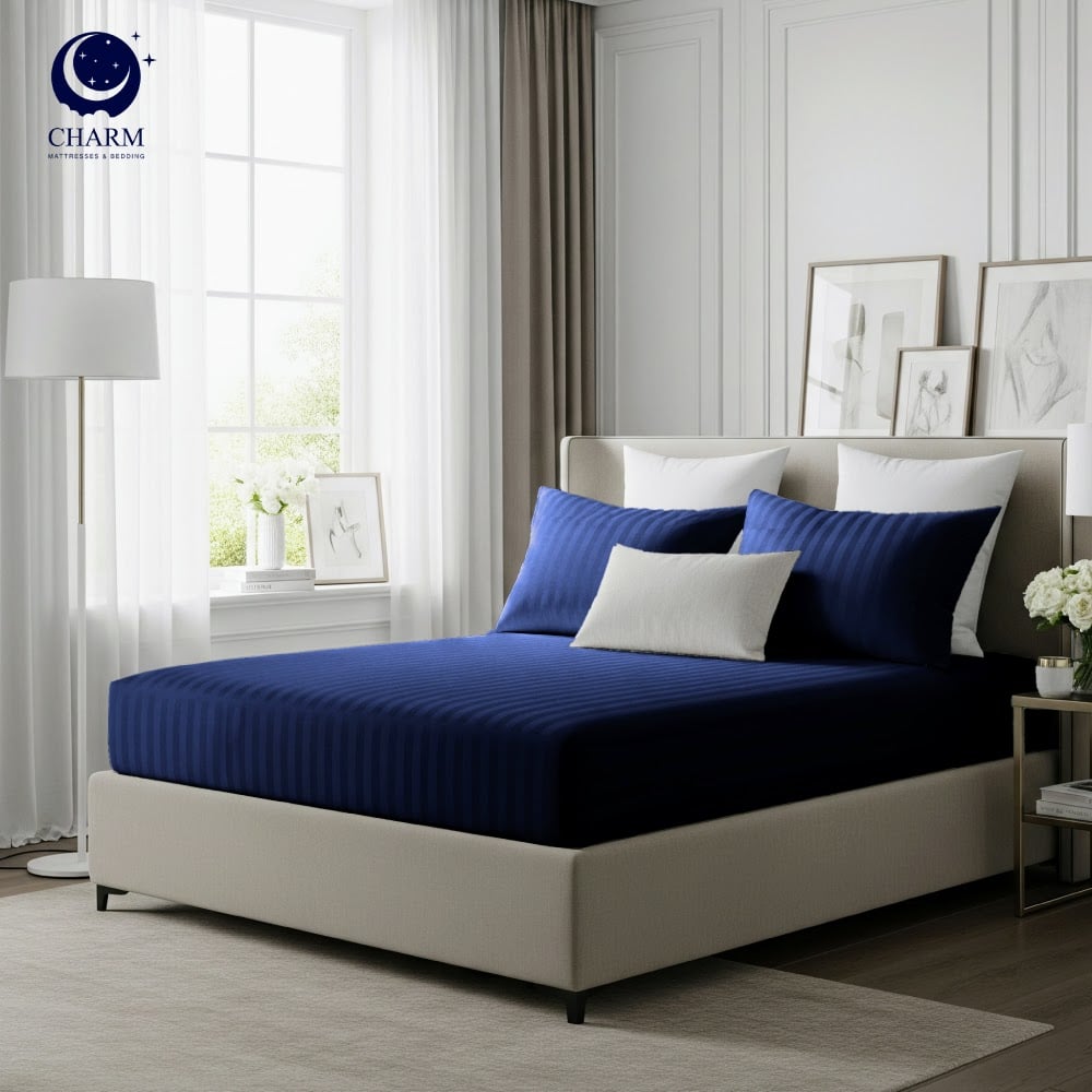 ผ้าปูที่นอน CHARM ผ้าซาตินลายริ้ว สีฟ้า ขนาด 3.5 ฟุต_0